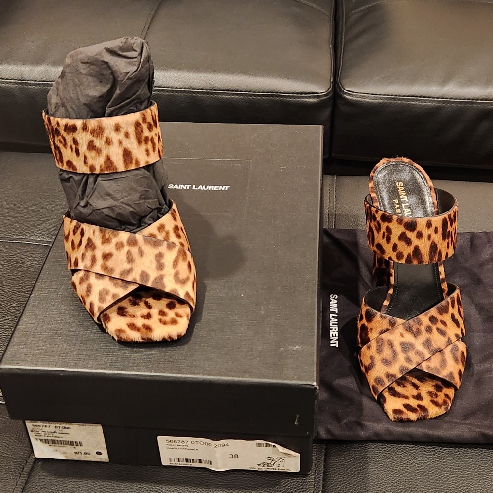 Saint Lauren Oak 100 Pony Spots Mule Sandal Leopard Print Mule 4" Hell Sz 7.5 - Picture 8 of 8